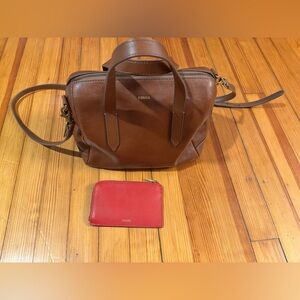 Brown crossbody purse with red wallet Fossil
